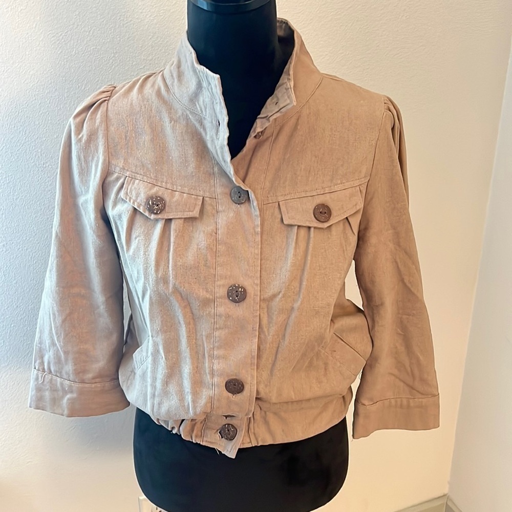 Mine tan linen cotton blend cropped 3/4 sleeves linen cotton light jacket Sz S